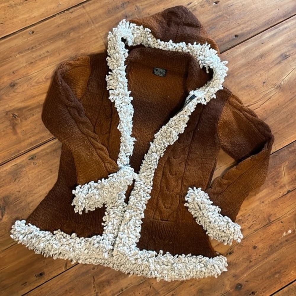 Handmade 100% Wool Brown Ombre Cable Knit Fringe Full Zipper & Hood Sweater coat